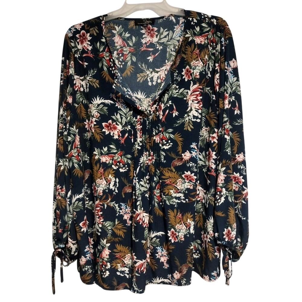 Suzanne Betro 4X Navy Floral Boho Blouse Cottagecore Breathable Flowy Relaxed